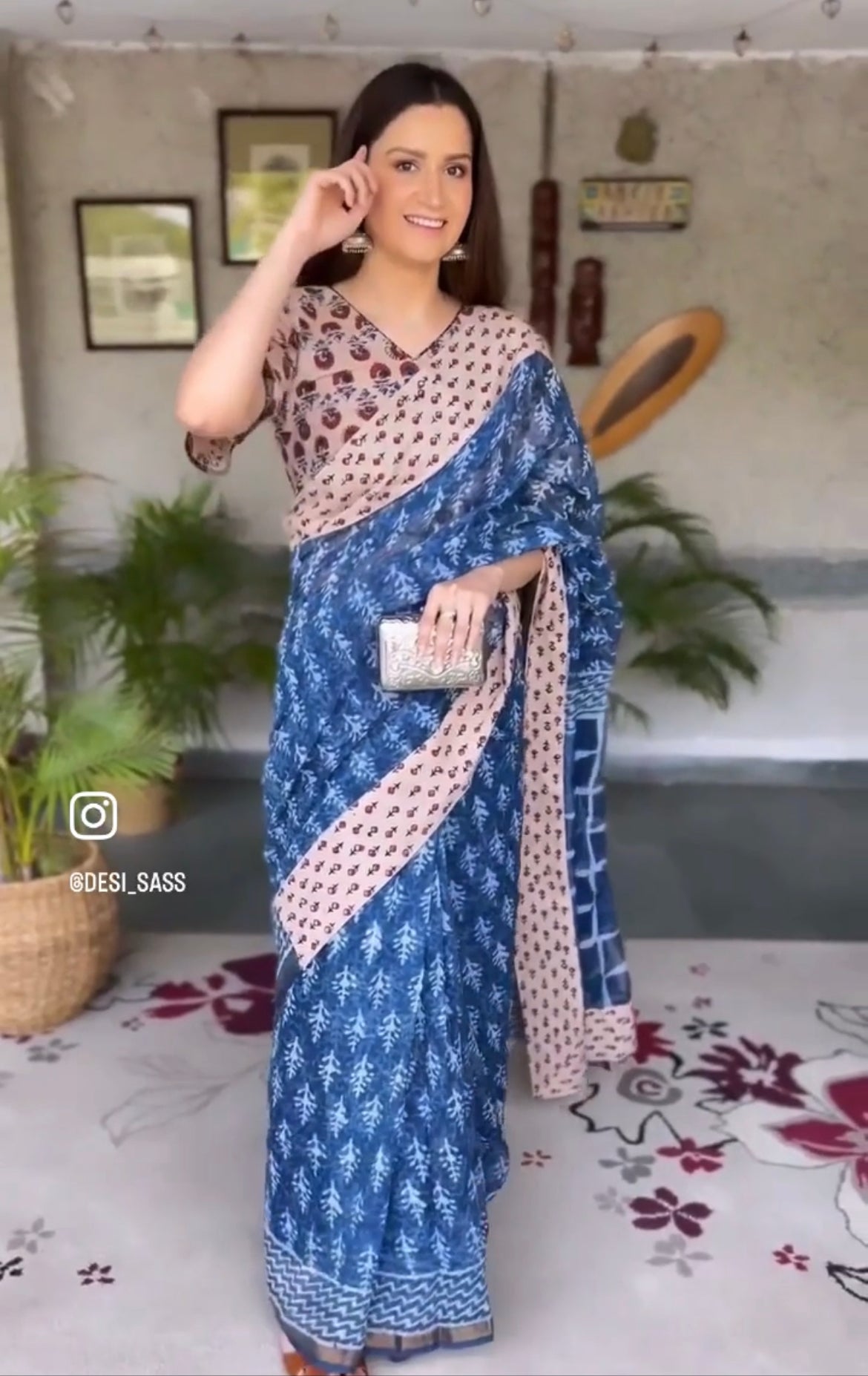 Classic Indigo Handblock Printed Kota Saree with Ajrakh Patchwork Border