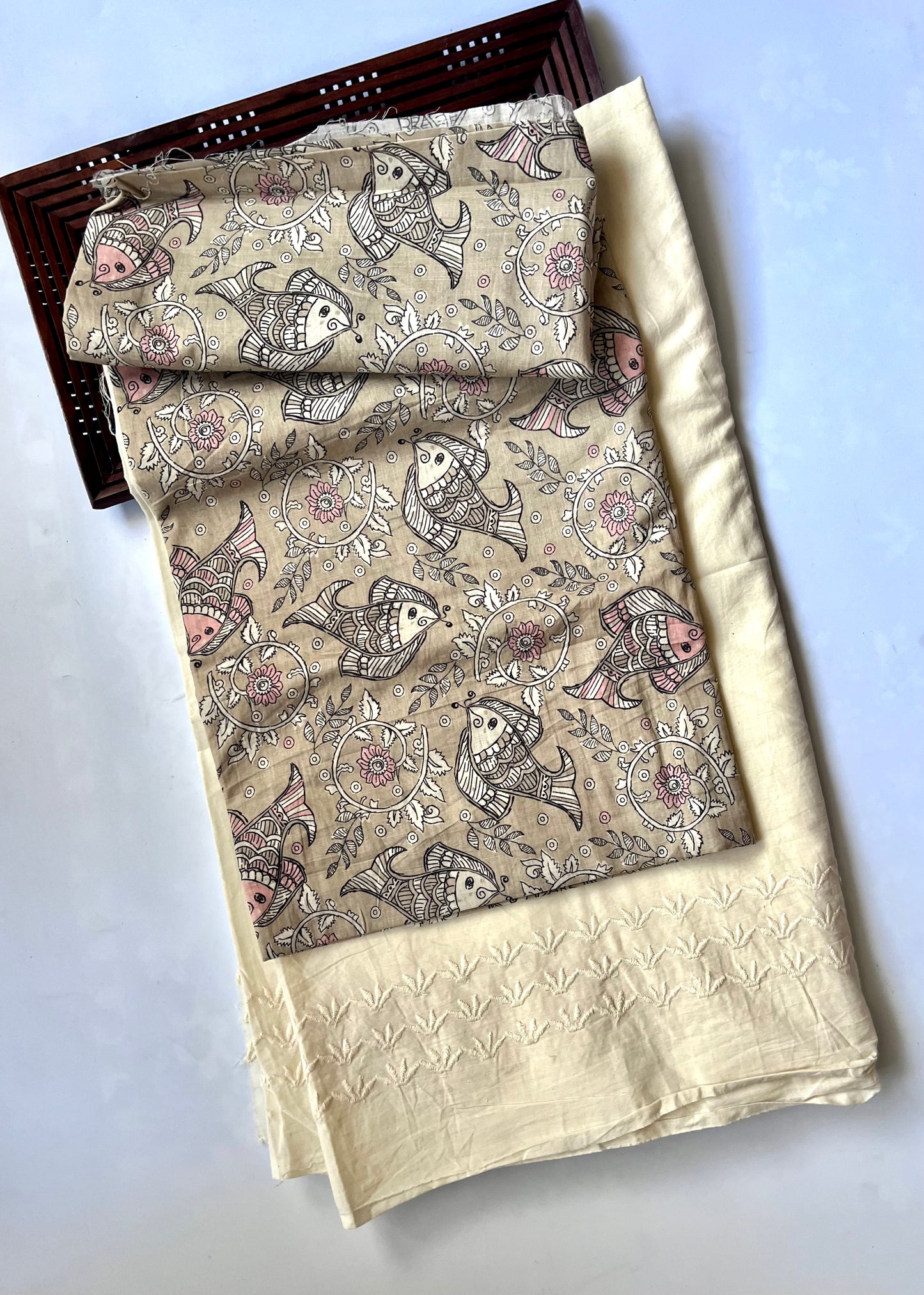 Grey Fish Motif Kalamkari Print Cotton 2 pc Suit Set