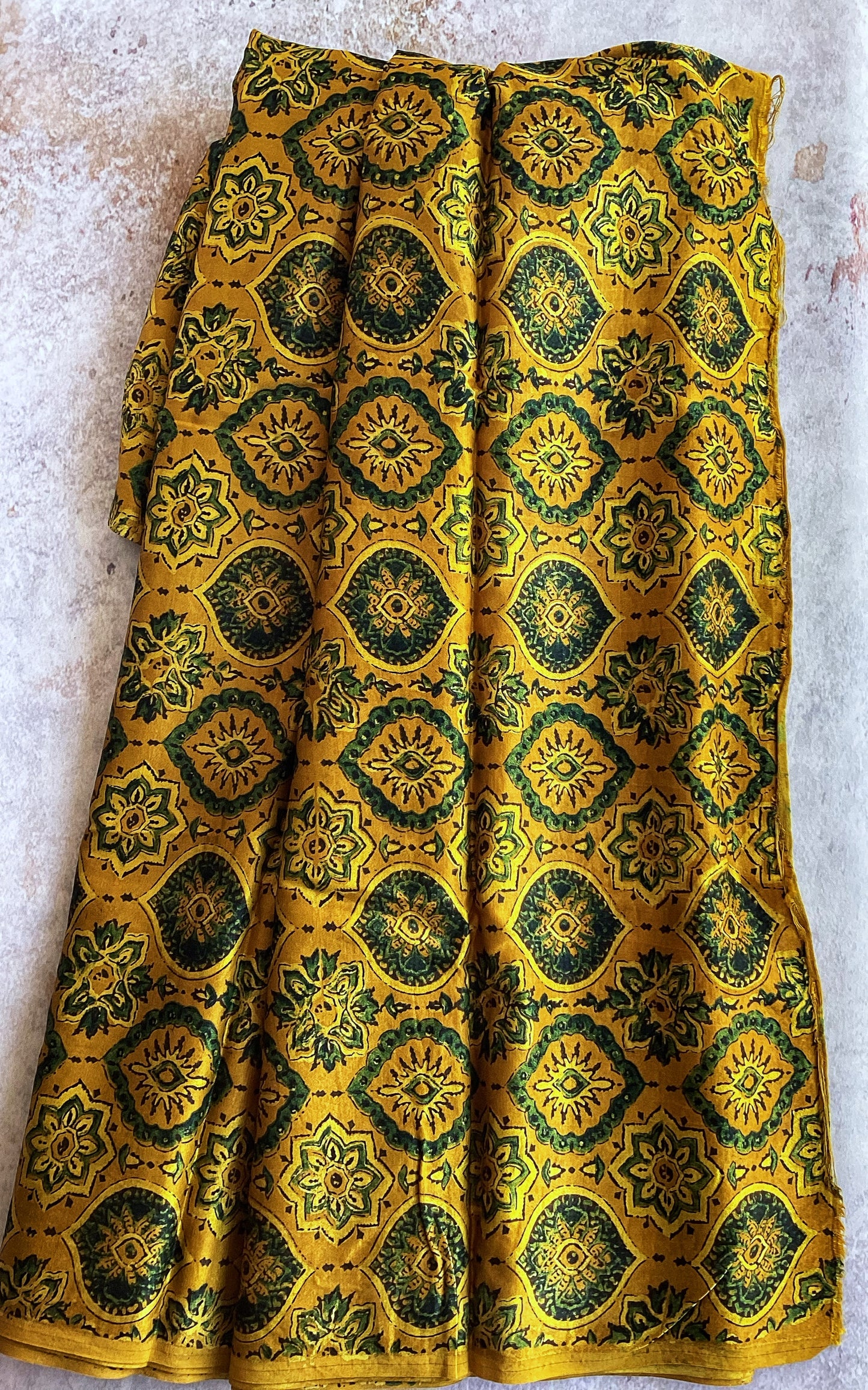 Turmeric Yellow Jaal Motif Ajrakh Mashru Silk Fabric