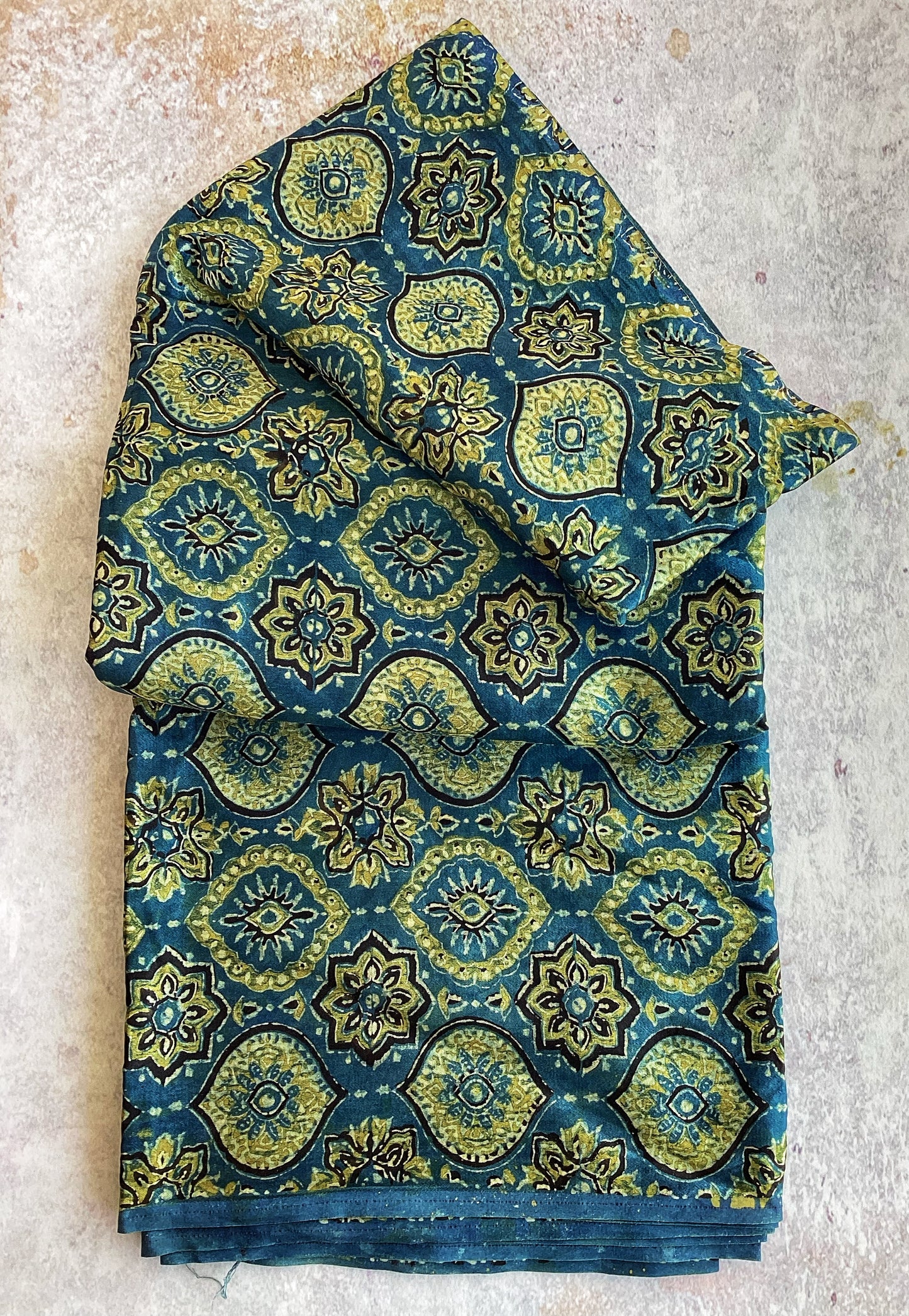 Indigo Jaal Motif Ajrakh Mashru Silk fabric