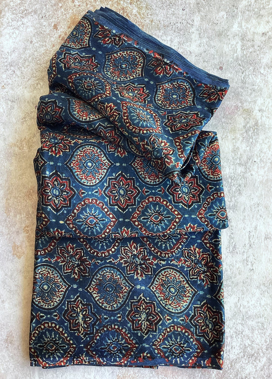 Blue Jaal Motif Ajrakh Mashru Silk fabric