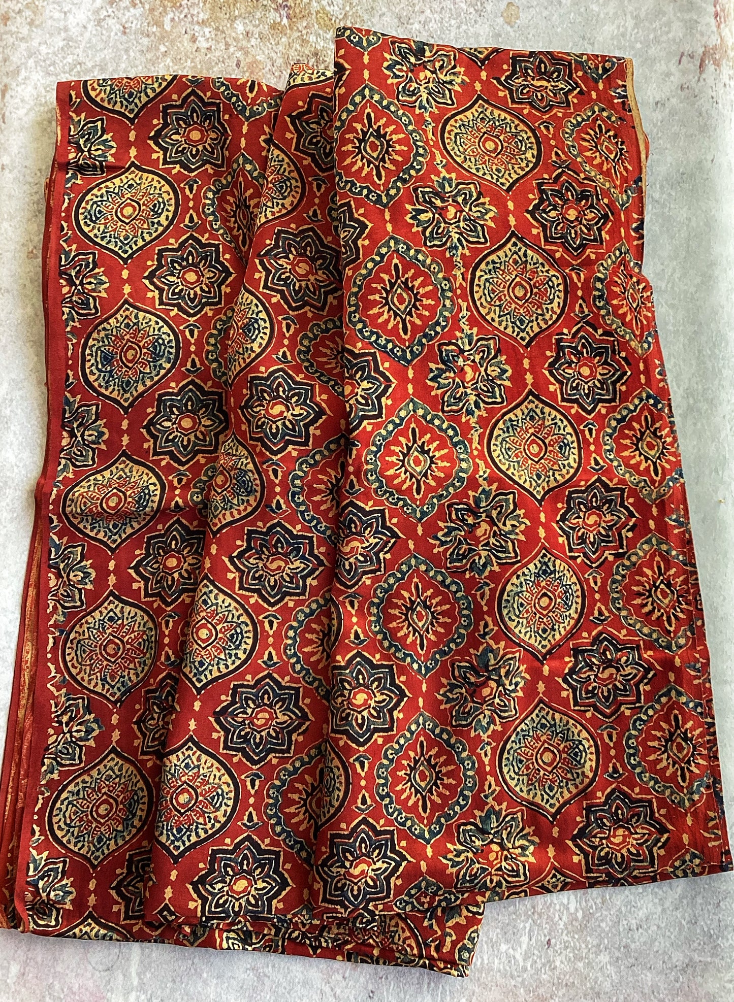 Madder Red Jaal Motif Ajrakh Mashru Silk fabric