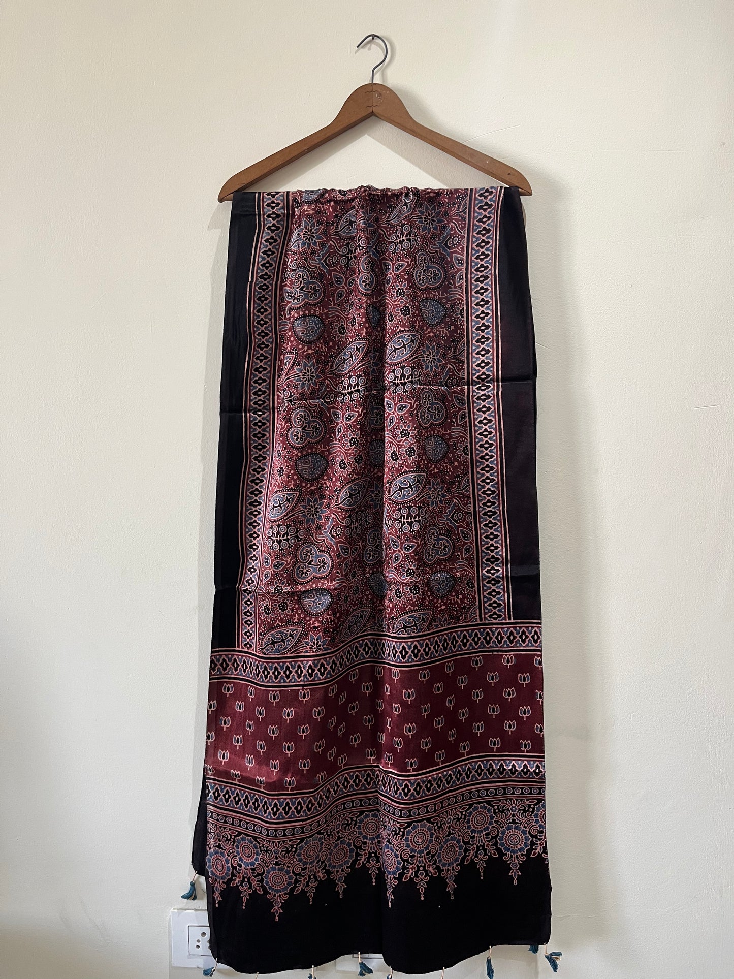 Rust Red Floral Motif Ajrakh Hand Block Print Mashru Silk Stole with Tassels