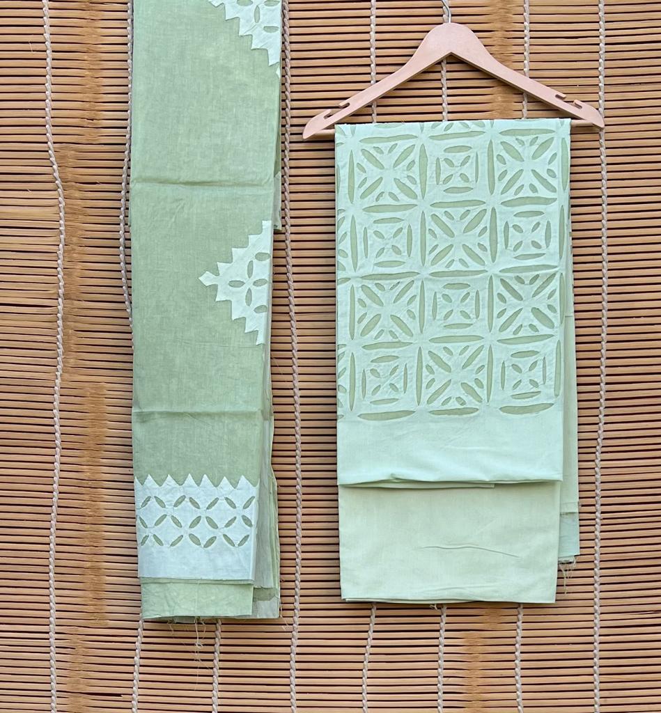 Mint Green Barmer Applique Cut Work Cotton 3pc Suit Material Set