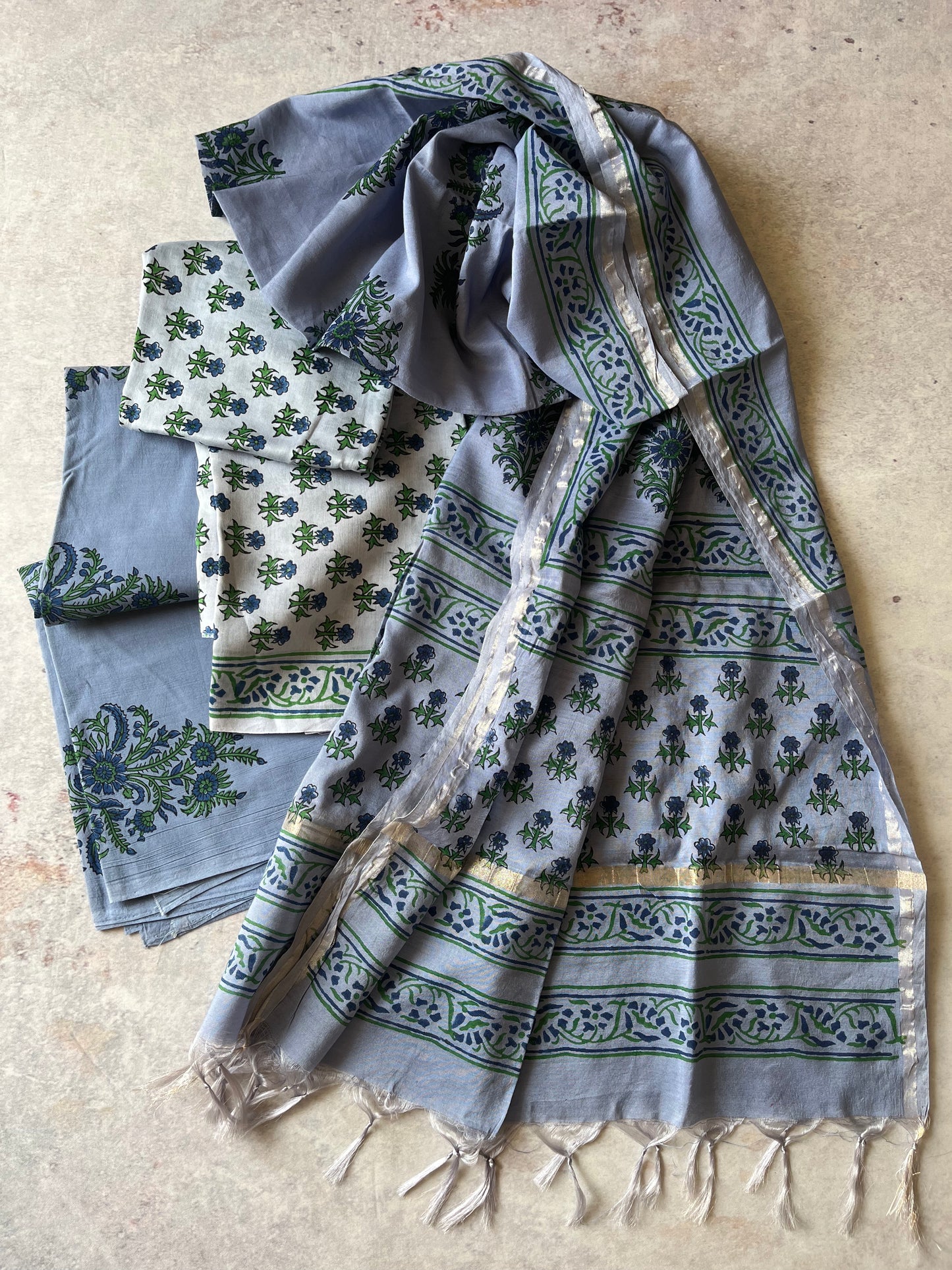 Greyish Blue Block Printed Chanderi Silk Suit Material Set with Zari Border