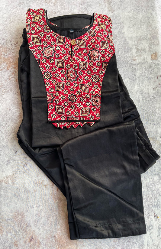 Midnight Black Mashru Silk Ajrakh Hand Block Print Kurta Pant Set