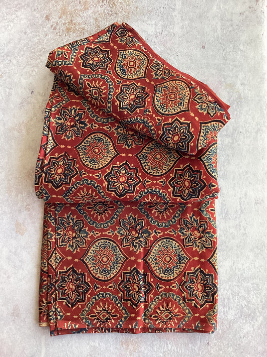 Madder Red Jaal Motif Ajrakh Mashru Silk fabric