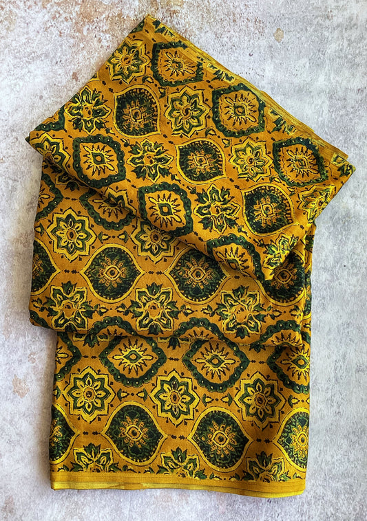 Turmeric Yellow Jaal Motif Ajrakh Mashru Silk Fabric