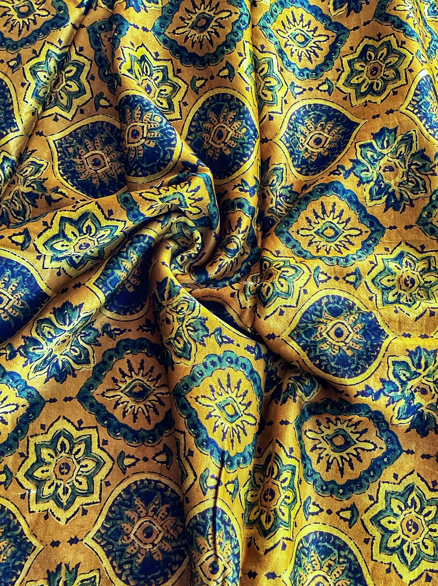 Turmeric Yellow Jaal Motif Ajrakh Mashru Silk Fabric