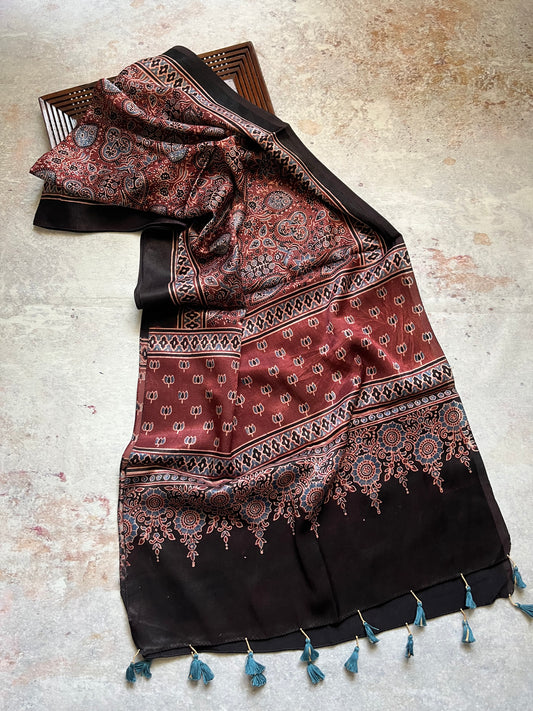 Rust Red Floral Motif Ajrakh Hand Block Print Mashru Silk Stole with Tassels