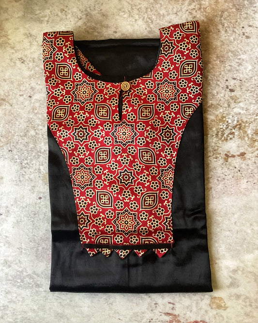 Midnight Black Mashru Silk Ajrakh Hand Block Print Kurta